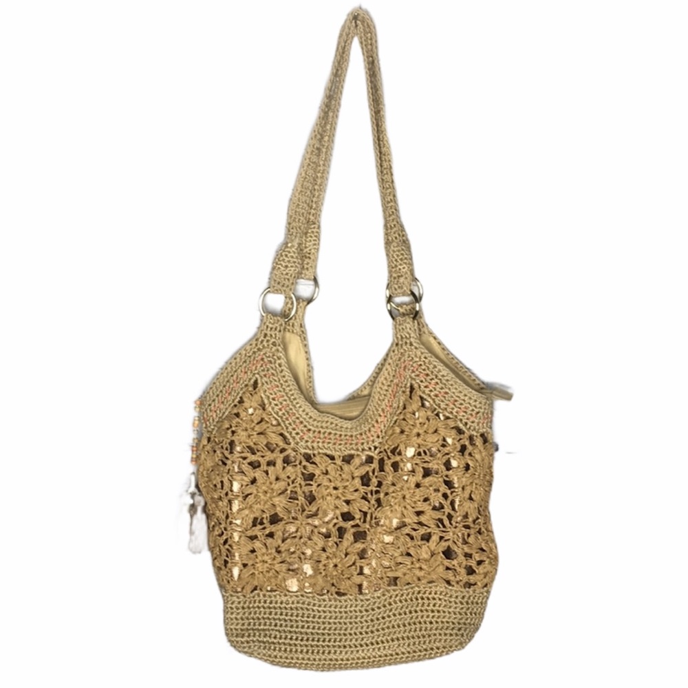 THE SAK tan crochet tassel boho shoulder bag